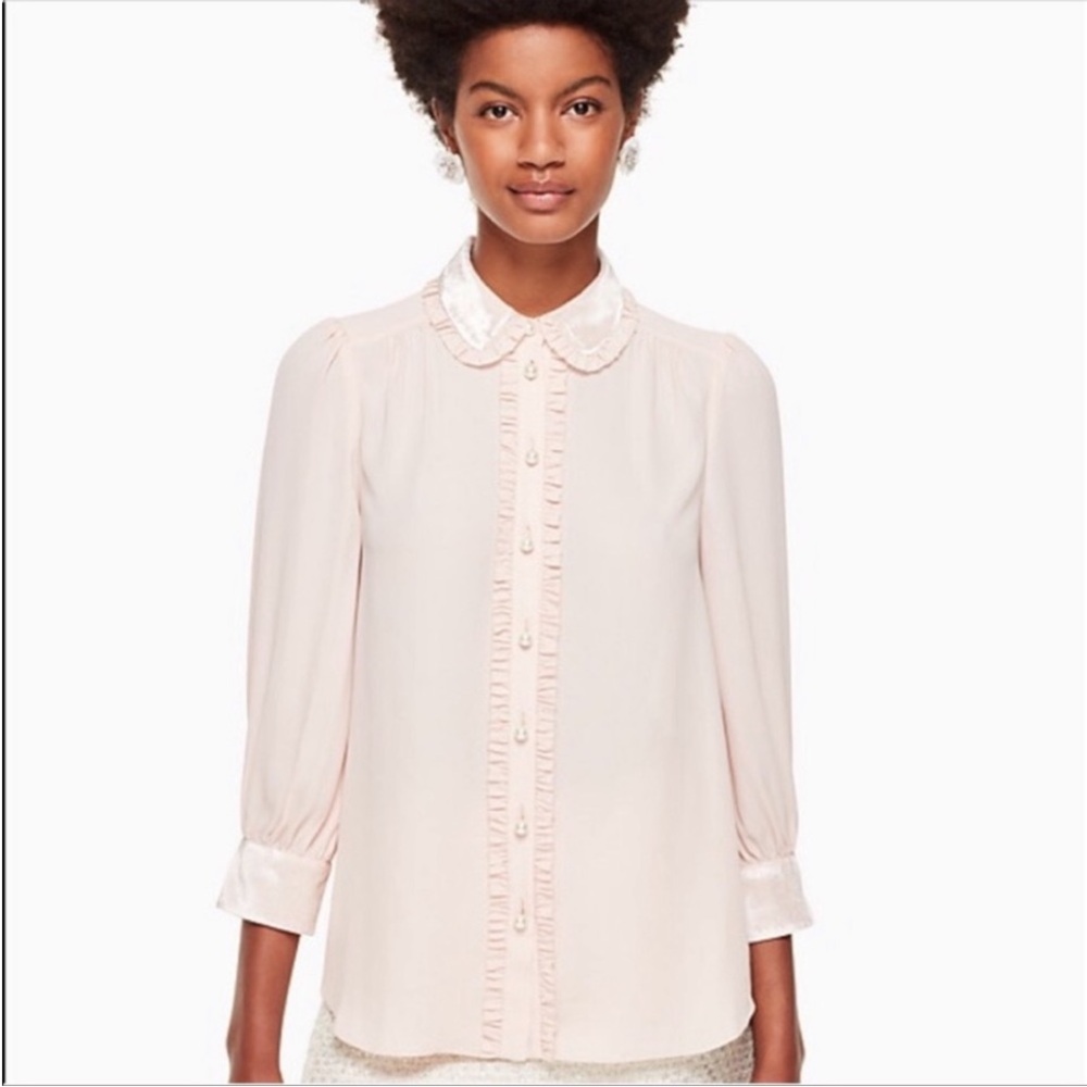 Kate Spade Velvet Trim Pearl Button Blouse in Rosedew NWT Women’s size XS. - Picture 3 of 9